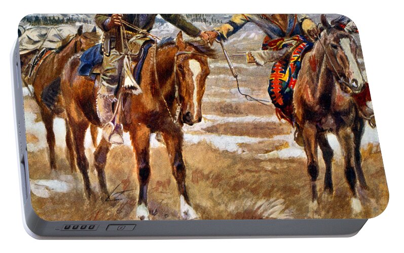 Shaking Hands Portable Battery Charger featuring the painting Men shaking hands on horseback by Charles Marion Russell