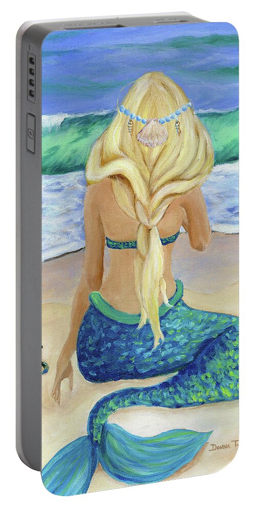 Mermaid Portable Battery Charger featuring the painting Mermaid and Turtle by Donna Tucker