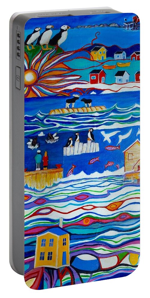 Newfoundland Portable Battery Charger featuring the painting Merry Time Art #2 by Myra Evans
