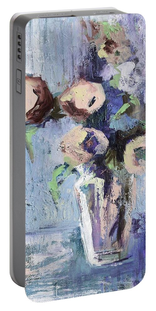 Blue Portable Battery Charger featuring the painting Messy Muted Floral by Karen Ahuja