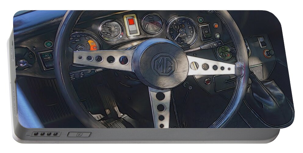 Mg Midget Portable Battery Charger featuring the digital art MG Midget Steering Wheel by Cathy Anderson