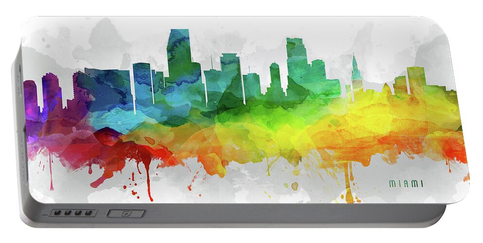 Miami Portable Battery Charger featuring the digital art Miami Skyline MMR-USFLMI05 by Aged Pixel