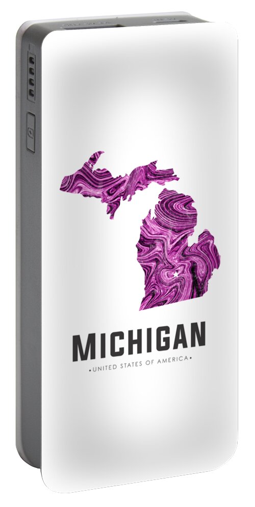 Michigan Portable Battery Charger featuring the mixed media Michigan Map Art Abstract in Purple by Studio Grafiikka