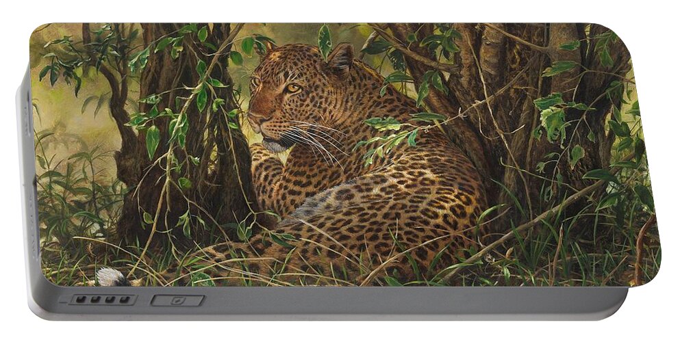 Leopard Portable Battery Charger featuring the painting Midday Siesta by Alan M Hunt
