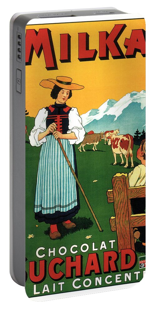 Milka Portable Battery Charger featuring the mixed media Milka - Chocolat Suchard - Swiss Milk - Vintage Advertising Poster by Studio Grafiikka