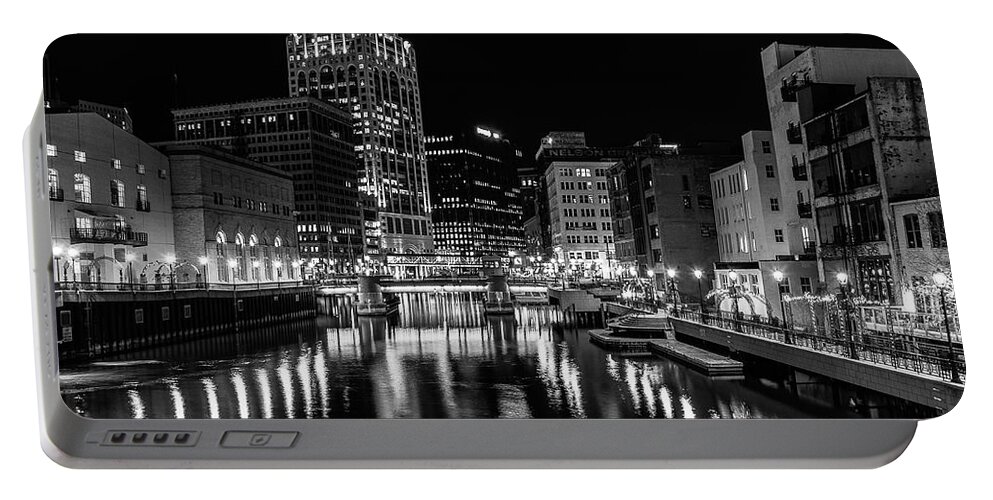 Monochrome Portable Battery Charger featuring the photograph Milwaukee at Night by John Roach