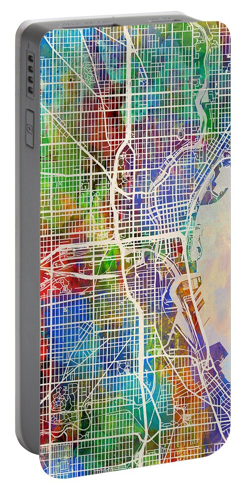 Milwaukee Portable Battery Charger featuring the digital art Milwaukee Wisconsin City Map by Michael Tompsett