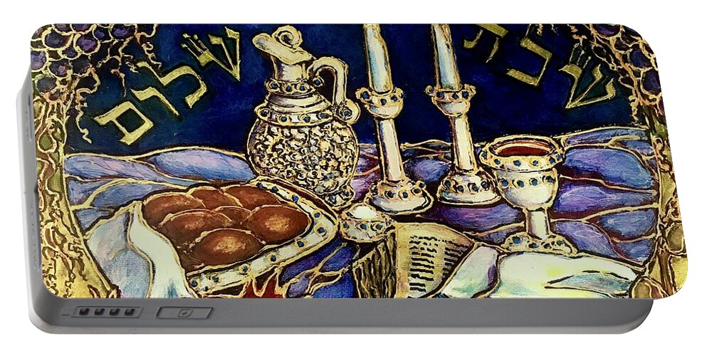 Original Painting Portable Battery Charger featuring the painting Mini Shabbat by Rae Chichilnitsky