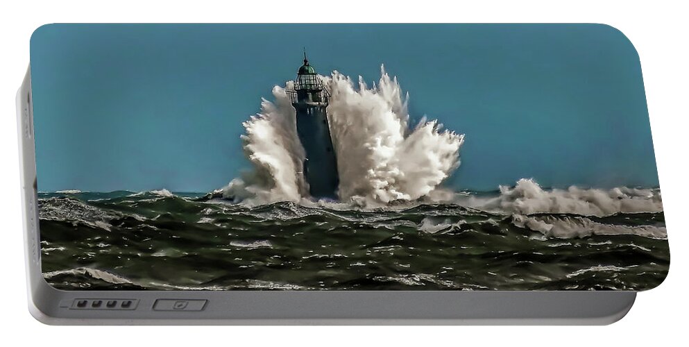 Lighthouse Portable Battery Charger featuring the digital art Minots Light vs. Storm Riley 2018 by Bart Blumberg