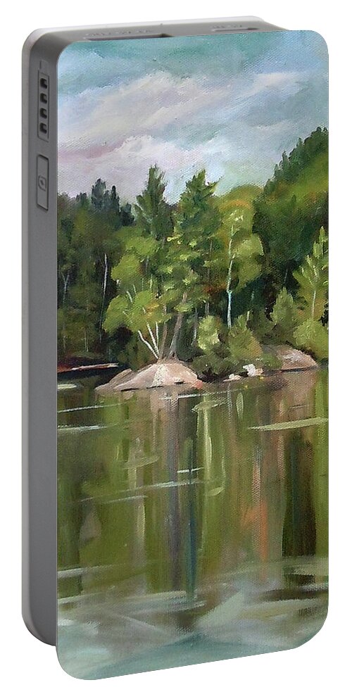 New Hampshire Artist Portable Battery Charger featuring the painting Mirror Lake En Plein Air by Nancy Griswold