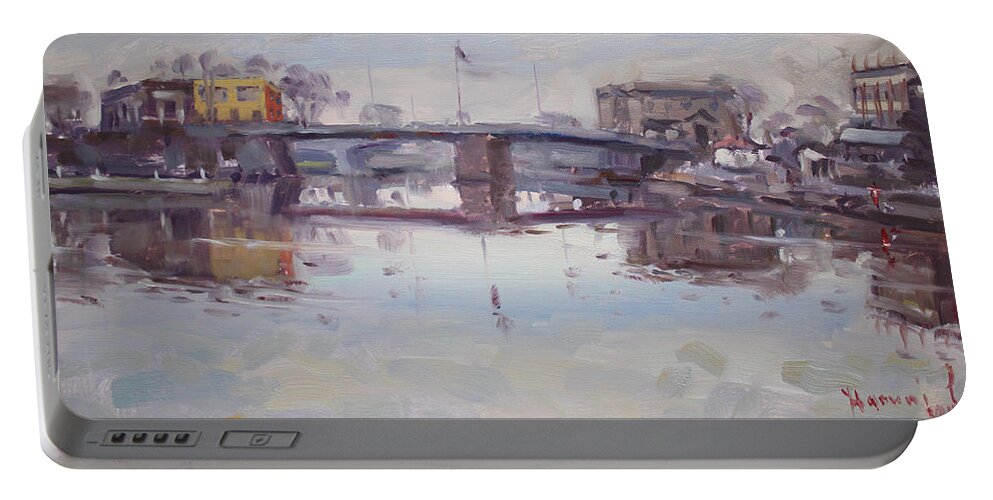 Mirror Reflection Portable Battery Charger featuring the painting Mirror Reflection of Gateway Harbor by Ylli Haruni