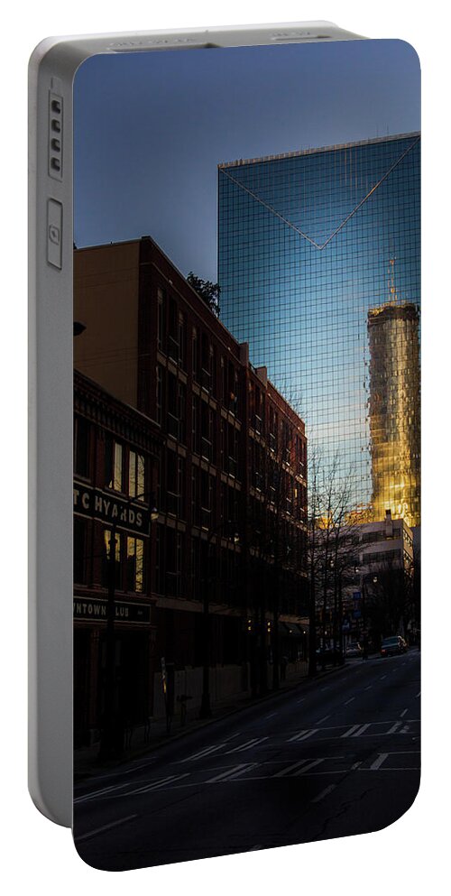 Reflection Portable Battery Charger featuring the photograph Mirror Reflection of Peachtree Plaza by Kenny Thomas