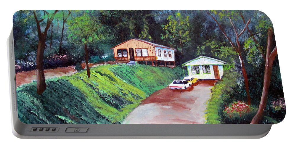 Wooden Homes Portable Battery Charger featuring the painting Los Vecinos by Luis F Rodriguez