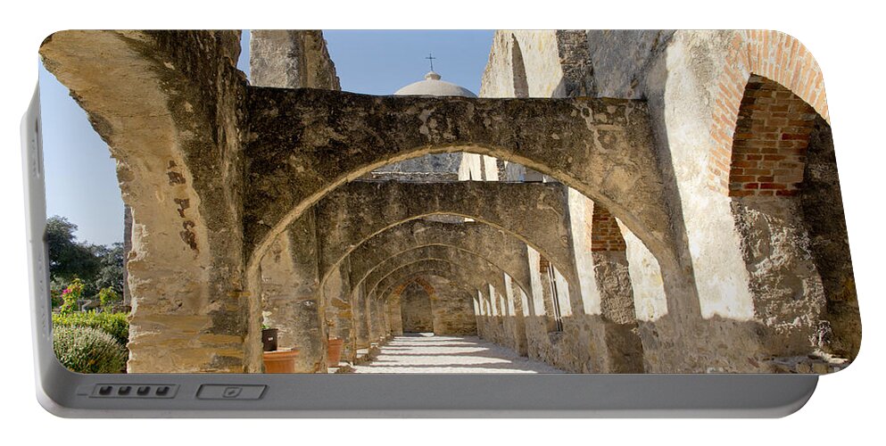 Arched Path Portable Battery Charger featuring the photograph Mission San Jose y San Miguel de Aguayo. Path. by Elena Perelman