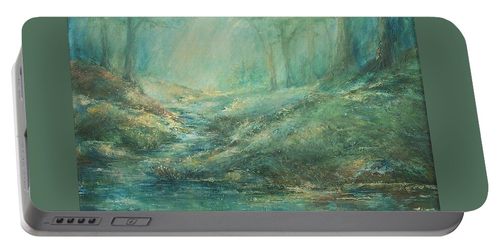 Nature Art Portable Battery Charger featuring the painting The Misty Forest Stream by Mary Wolf