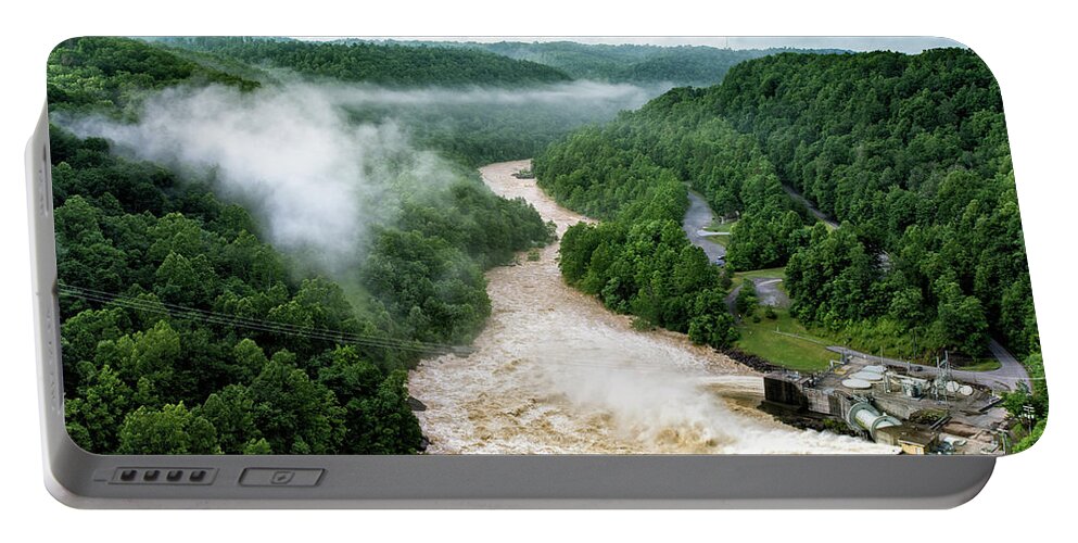 Summersville Portable Battery Charger featuring the photograph Misty Morning At Summersville Lake Dam by Mark Allen