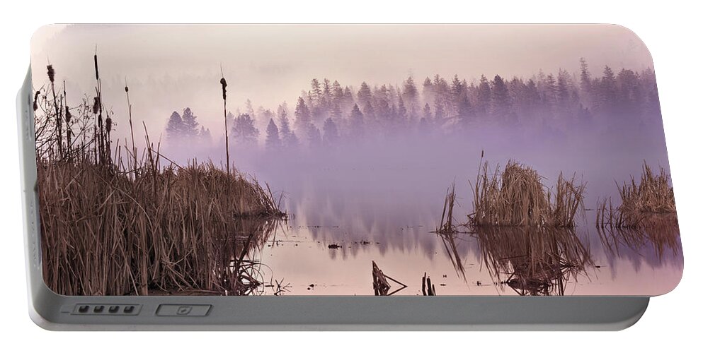 Bc Portable Battery Charger featuring the photograph Misty Morning at Vaseux Lake by John Poon