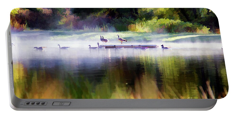 Landscape Portable Battery Charger featuring the photograph Misty Pond 6 AM Paint by Chuck Kuhn