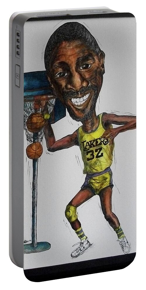 Magic Johnson Portable Battery Charger featuring the mixed media MJ Caricature by Michelle Gilmore