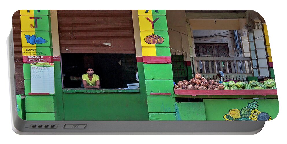 Charles Harden Fruit Watermelon Stand Havana Cuba Habana Green Yellow Caribbean Portable Battery Charger featuring the photograph MJAY Fruit Stand Havana Cuba by Charles Harden