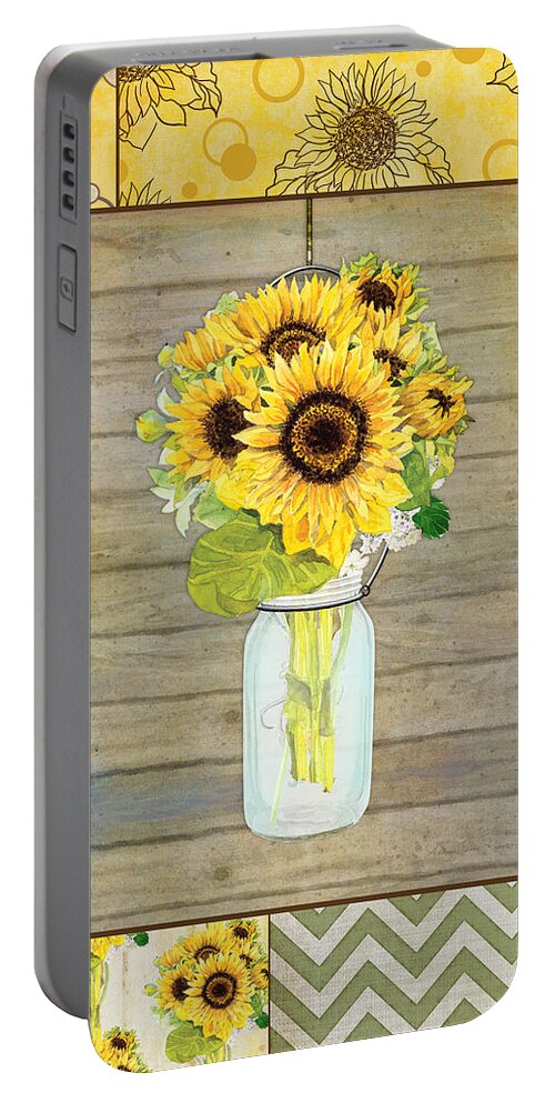 Modern Portable Battery Charger featuring the painting Modern Rustic Country Sunflowers in Mason Jar by Audrey Jeanne Roberts
