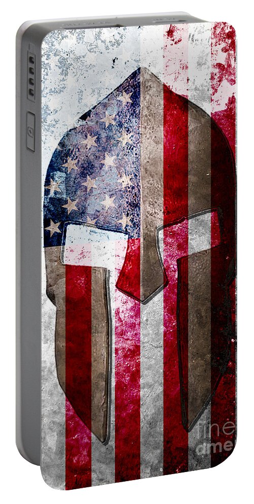 Gun Portable Battery Charger featuring the digital art Molon Labe - Spartan Helmet across an American Flag on Distressed Metal Sheet by M L C