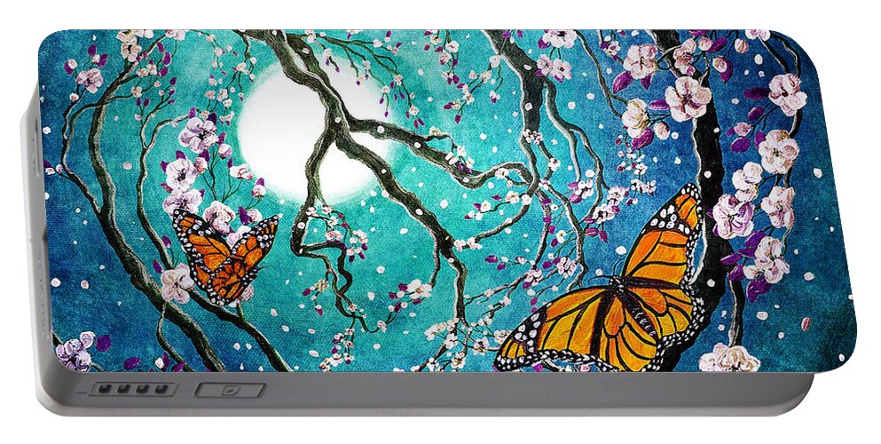 Fantasy Portable Battery Charger featuring the digital art Monarch Butterflies in Teal Moonlight by Laura Iverson