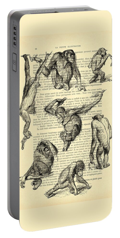 Monkeys Portable Battery Charger featuring the digital art Monkeys black and white illustration by Madame Memento