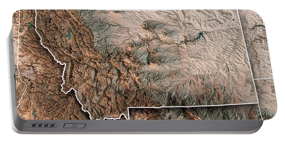 Montana Portable Battery Charger featuring the digital art Montana State USA 3D Render Topographic Map Neutral Border by Frank Ramspott