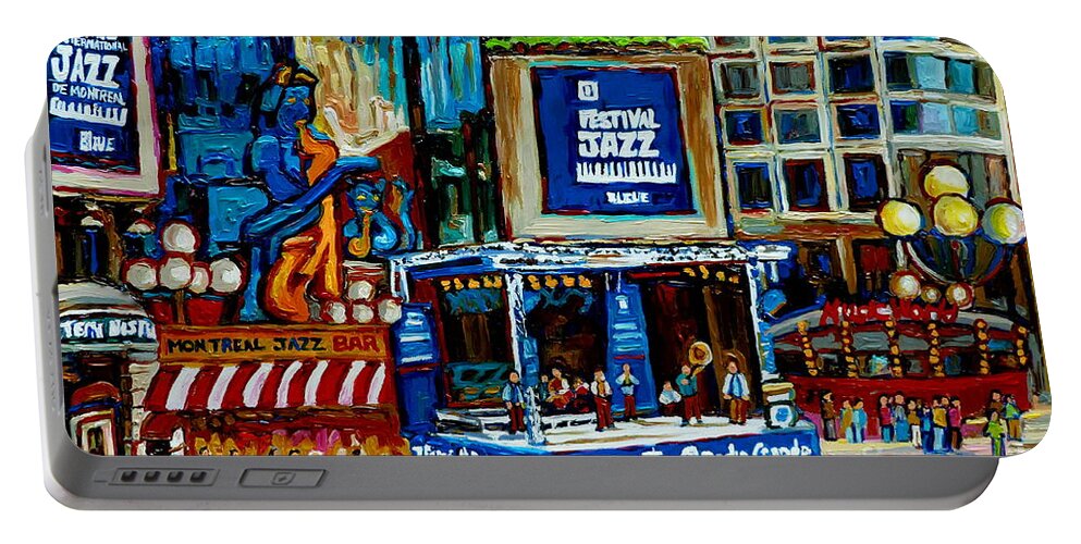 Jazz Singers Portable Battery Charger featuring the painting Montreal City Paintings By Streetscene Specialist Carole Spandau Over 500 Prints Available by Carole Spandau