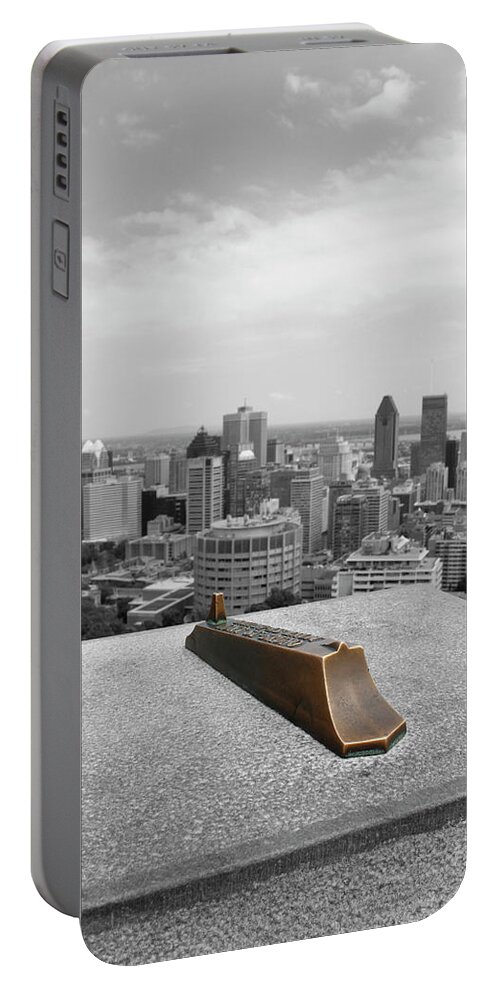 Montreal Portable Battery Charger featuring the photograph Montreal Cityscape BW with color by Samantha Delory