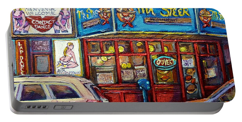 Restaurants Portable Battery Charger featuring the painting Montreal Downtown City Scene Painting Mr Steer Restaurant Store Sign Canadian Art Carole Spandau   by Carole Spandau