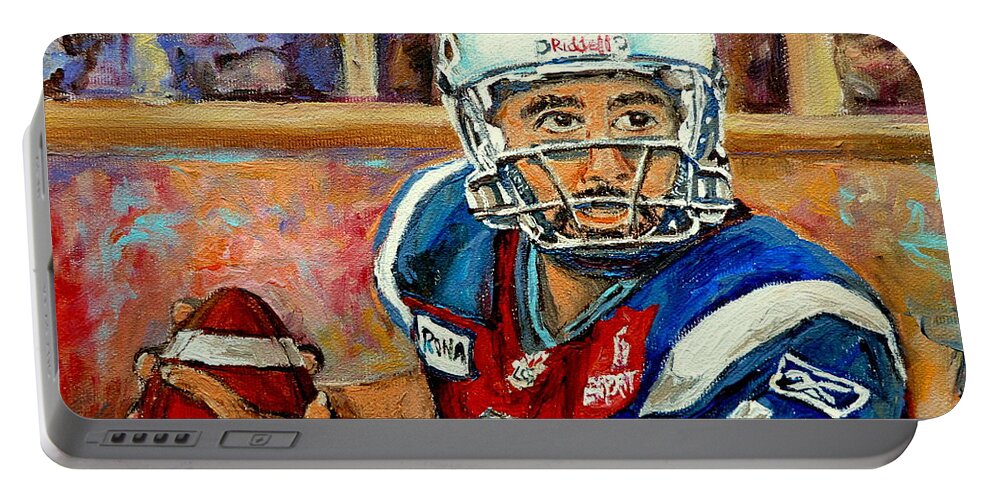 Anthony Calvillo Portable Battery Charger featuring the painting Montreal Je Me Souviens By Montreal Streetscene Artist Carole Spandau by Carole Spandau