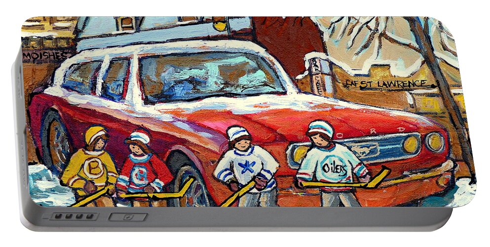 Montreal Portable Battery Charger featuring the painting Montreal Landmarks Winterscenes For Sale Hockey Game Across Moishe's Restaurant C Spandau Artist   by Carole Spandau