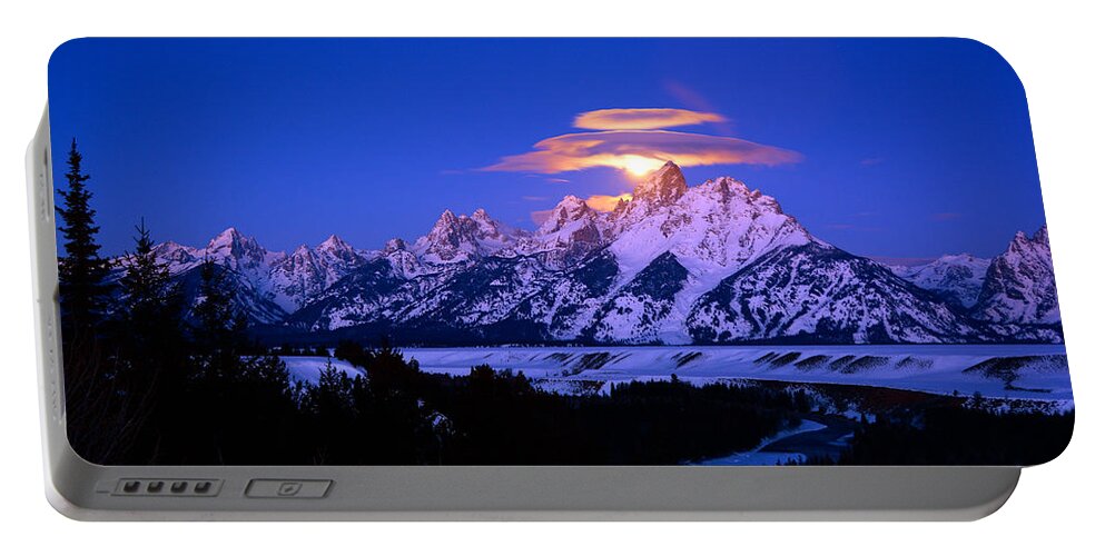 Moon Set Portable Battery Charger featuring the photograph Moon Sets Over the Tetons by Raymond Salani III