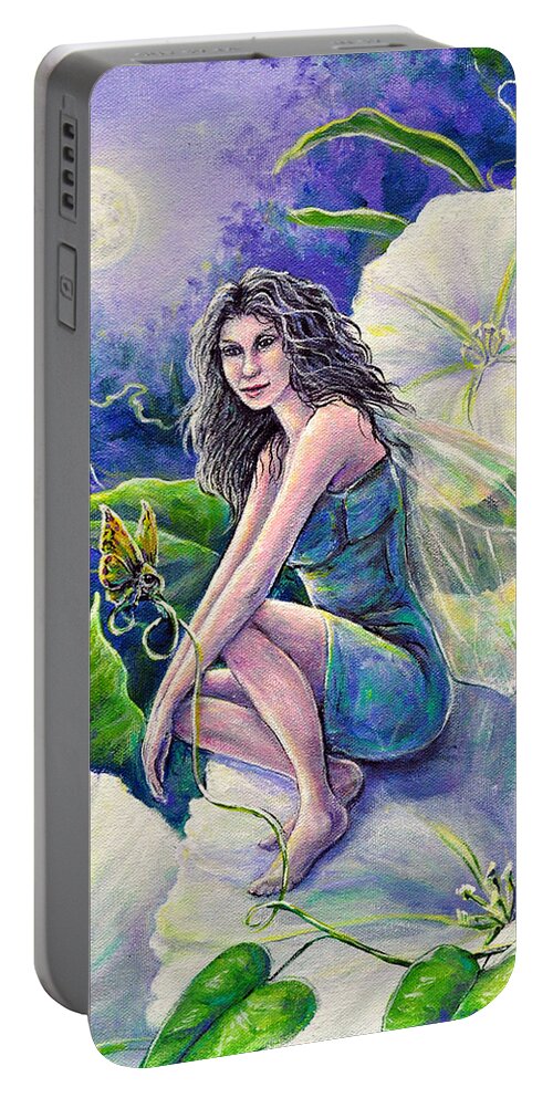 Fairy Moon Moonflower Moth Purple Green Wings Night Magic Portable Battery Charger featuring the painting Moonflower by Gail Butler