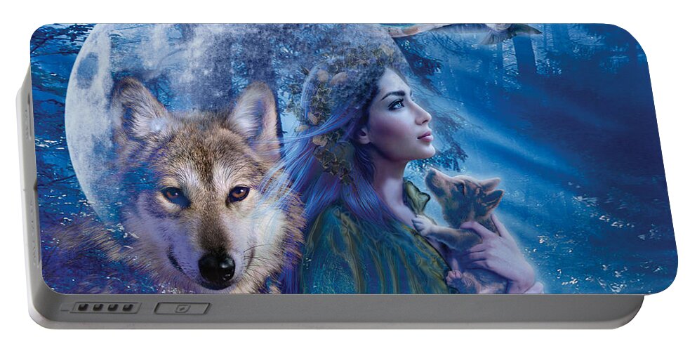 Wolf Portable Battery Charger featuring the photograph Moonlit Brethren Variant 1 by MGL Meiklejohn Graphics Licensing