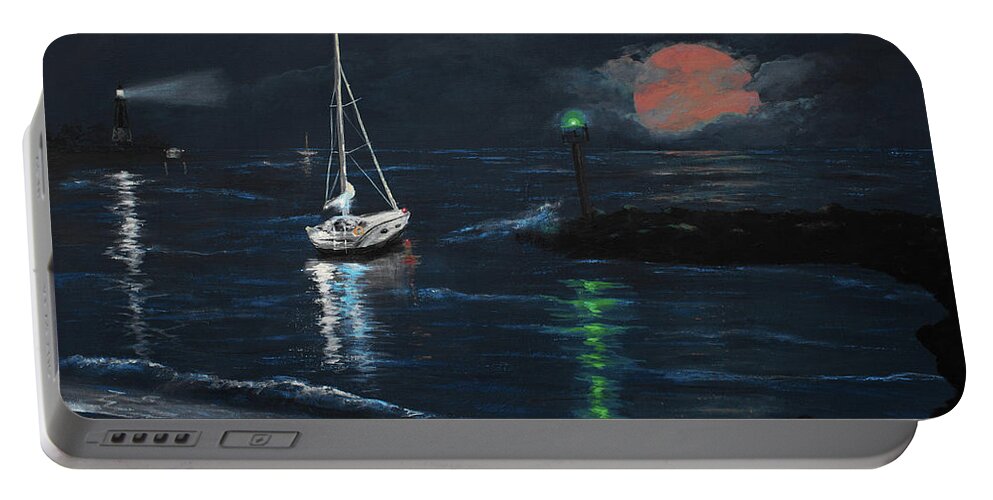Delray Portable Battery Charger featuring the painting Moonrise Bay 2 by Ken Figurski