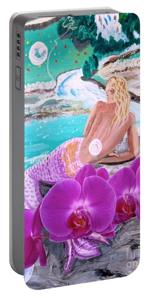 Part Of One Of My Mermaid Painting And My New Just Opened Orchids Portable Battery Charger featuring the photograph More Orchids and The Mermaid  by Phyllis Kaltenbach