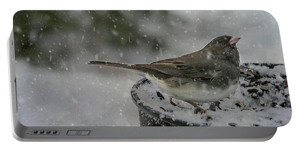 Bird Portable Battery Charger featuring the photograph More Snow? by Cathy Kovarik
