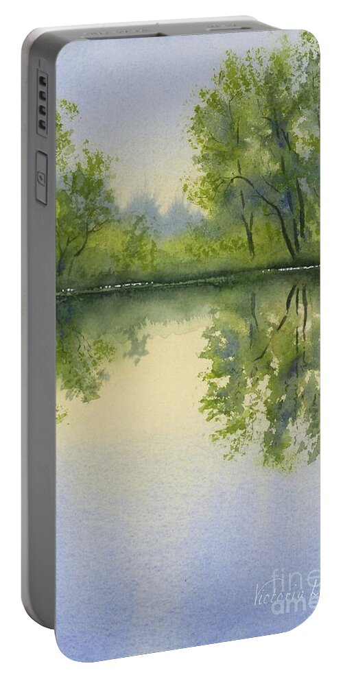 Watercolor Portable Battery Charger featuring the painting Morning at Turtle Pond by Victoria Lisi