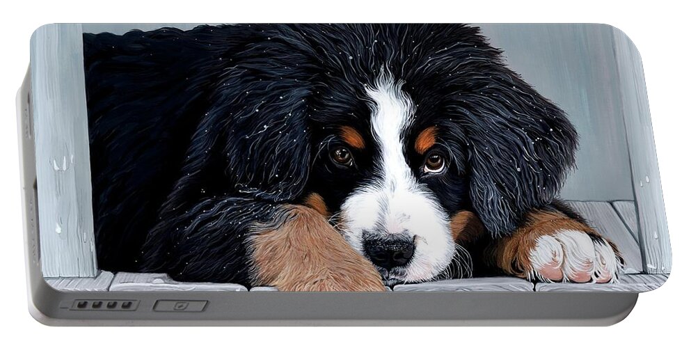 Bernese Mountain Dog Enjoying The Morning Dew On The Deck. Portable Battery Charger featuring the painting Morning Dew - Bernese Mountain Dog by Liane Weyers