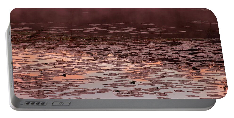 Bonnie Follett Portable Battery Charger featuring the photograph Morning Fog in the Lily Patch in Mauve by Bonnie Follett
