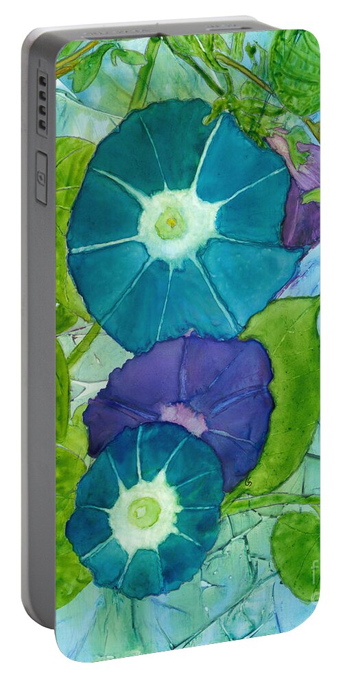 Morning Glories Portable Battery Charger featuring the painting Morning Glories in Watercolor on Yupo by Conni Schaftenaar