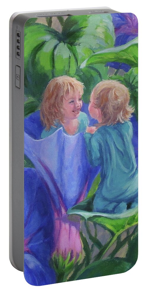 Baby Portable Battery Charger featuring the painting Morning Glories by Karen Ilari