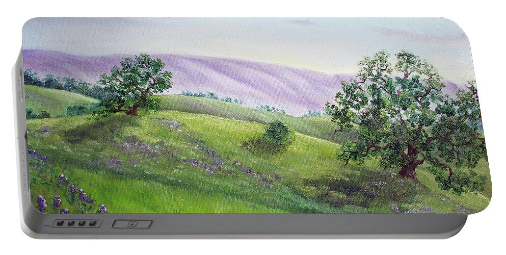 California Portable Battery Charger featuring the painting Morning Lupines by Laura Iverson