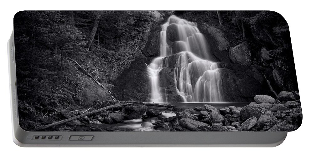 Vermont Portable Battery Charger featuring the photograph Moss Glen Falls - Monochrome by Stephen Stookey