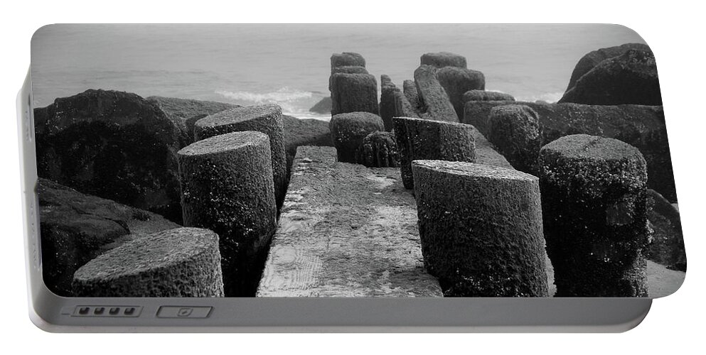 Jersey Shore Portable Battery Charger featuring the photograph Mossy Jetty in Black and White - Jersey Shore by Angie Tirado