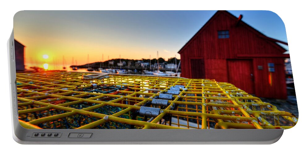 Rockport Portable Battery Charger featuring the photograph Motif 1 lobster trap sunrise by Toby McGuire