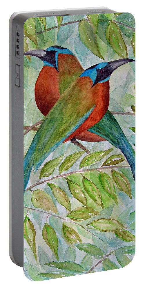 Motmots Portable Battery Charger featuring the painting Motmots by Patricia Beebe
